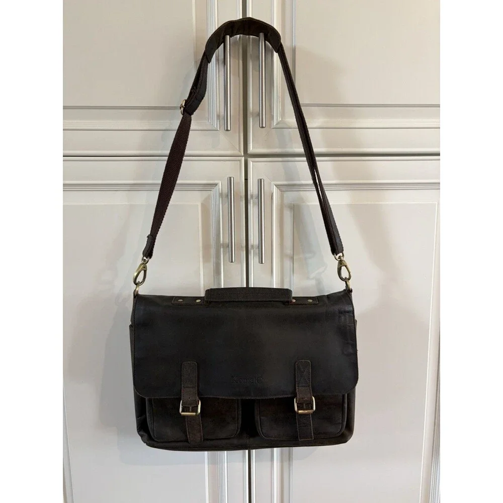 KomalC Brown Tan Buffalo Leather Briefcase Laptop Messenger Satchel Bag 16